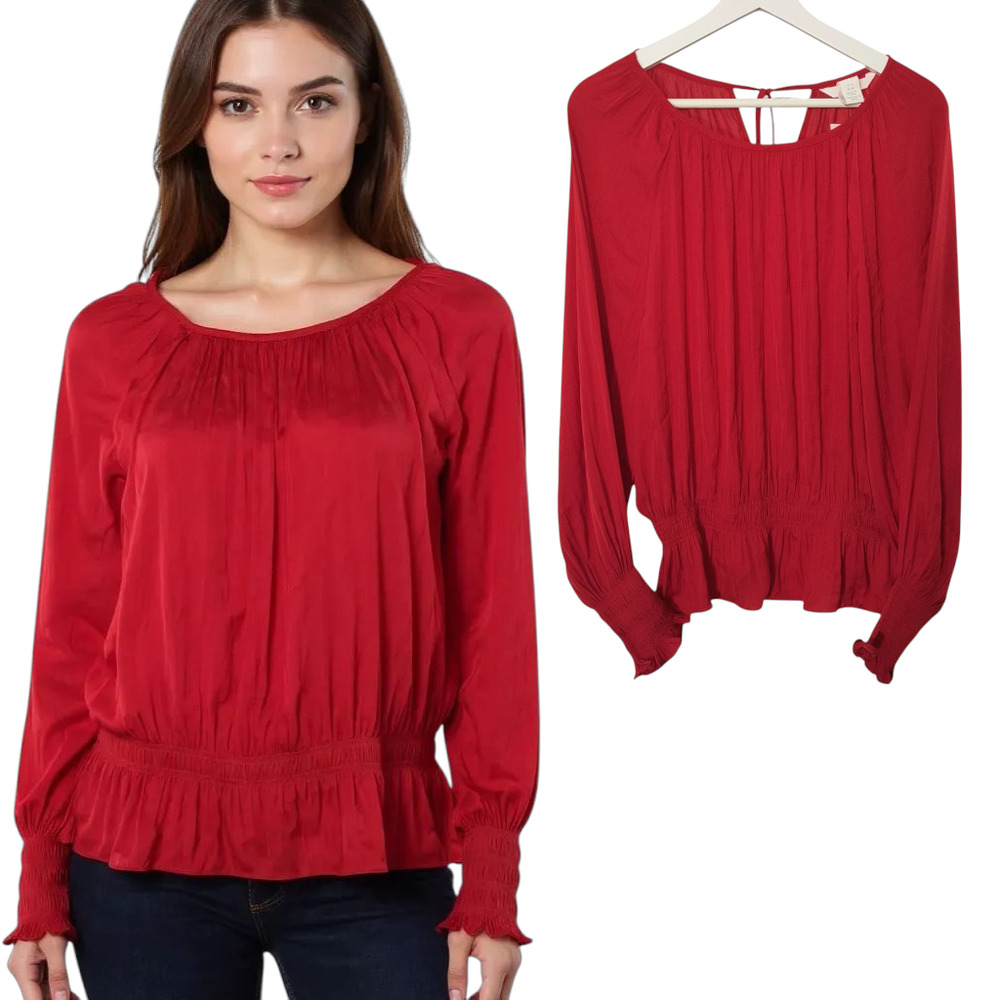 H&M Peasant Blouse Women's Sz 14 Red Long Sleeve Ruffle Shirred Waist Cuffs Top